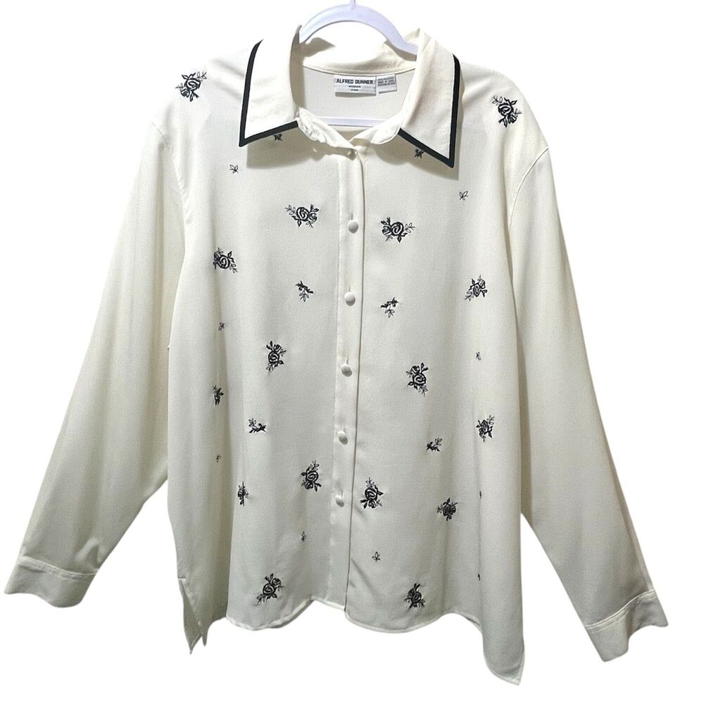 Alfred Dunner Womens Shirt Plus 24W White Black Embroidered Shoulder Pads